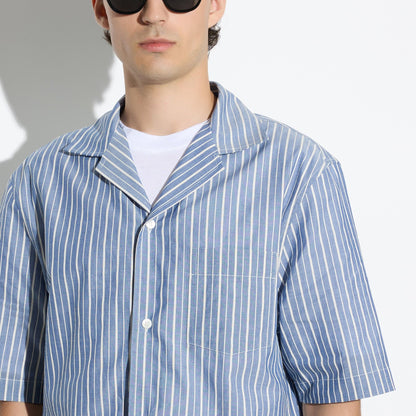 Camicia Over a Maniche Corte in Cotone a Righe Azzurro e Bianco Camicia Tessuto Paolo Pecora