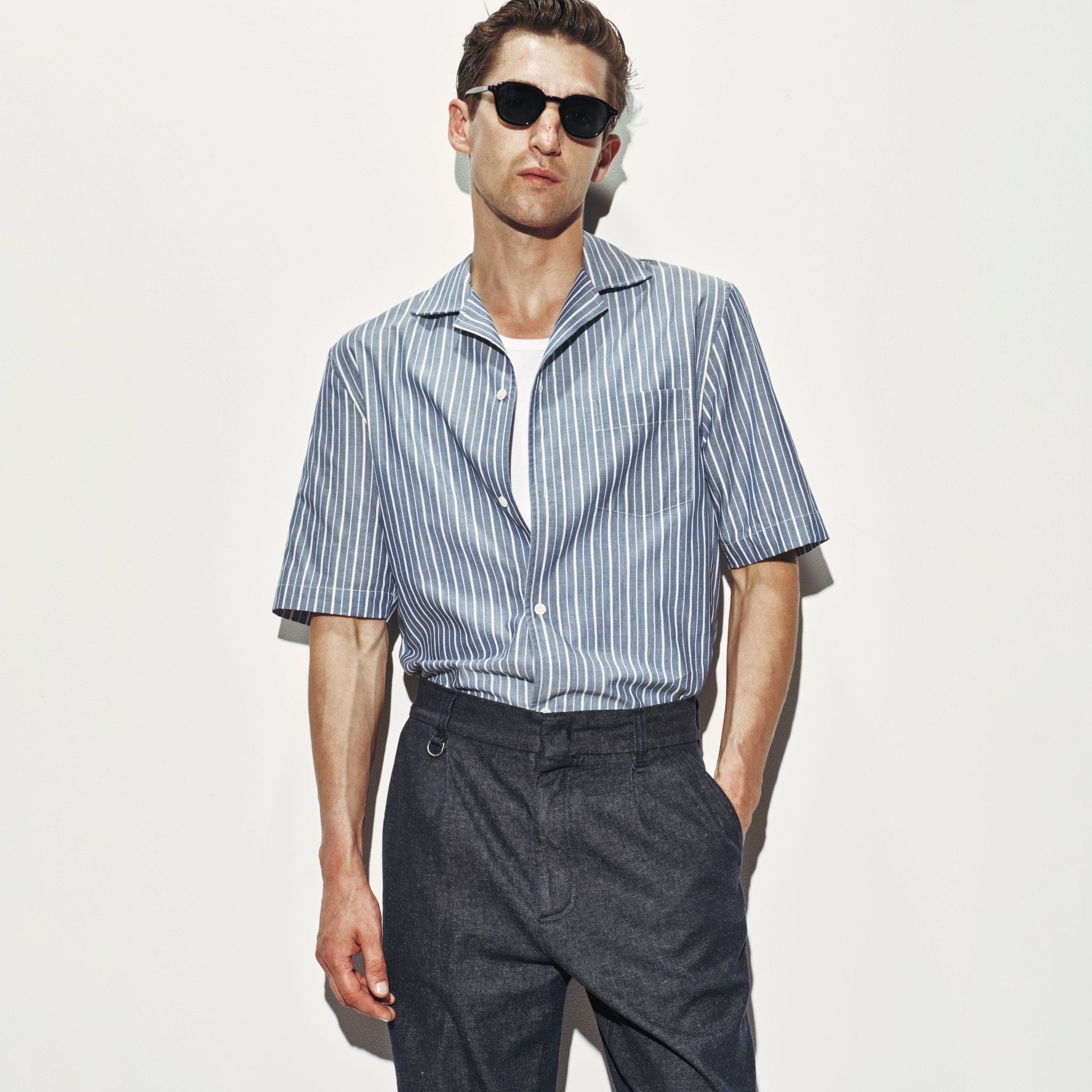 Camicia Over a Maniche Corte in Cotone a Righe Azzurro e Bianco Camicia Tessuto Paolo Pecora