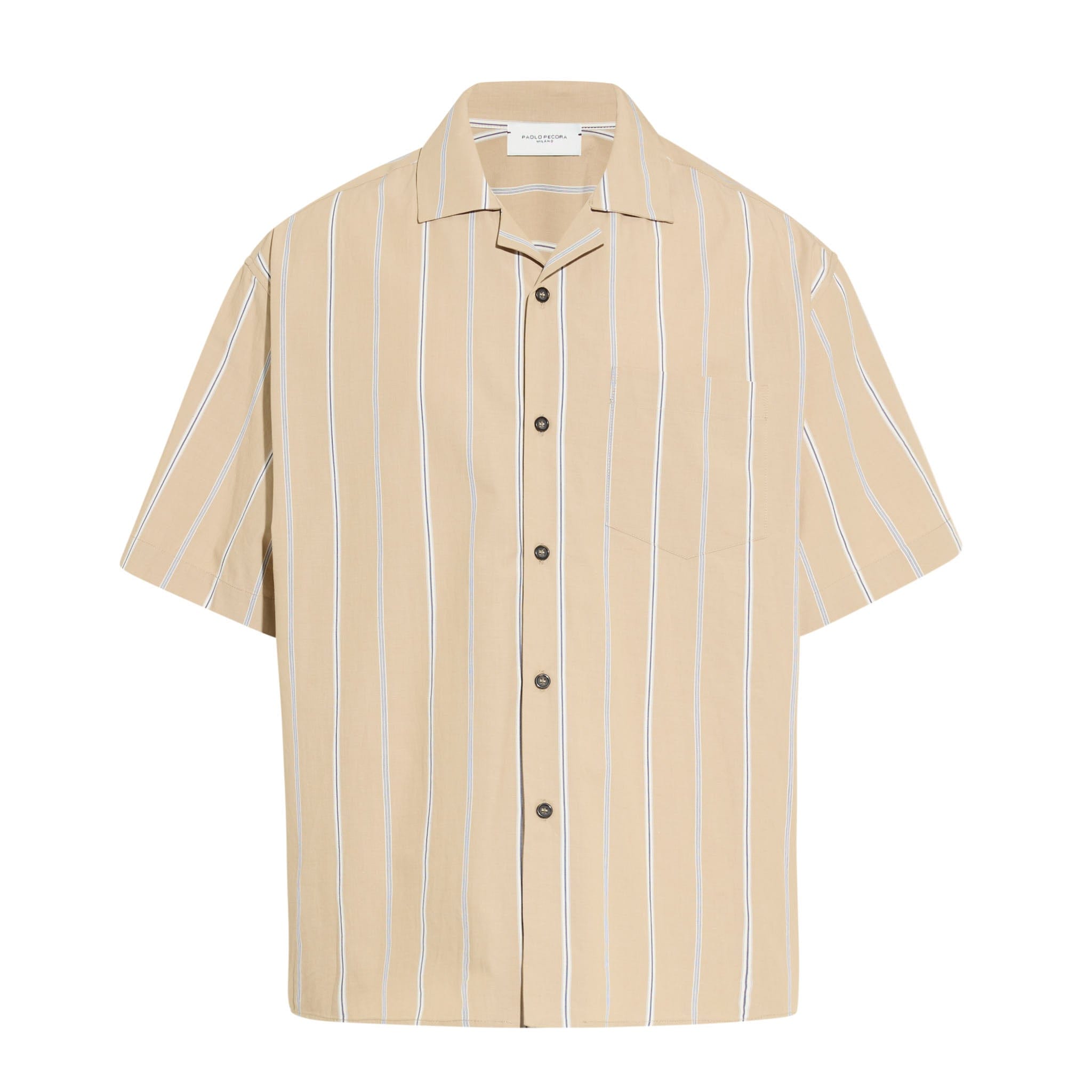 Camicia Over a Maniche Corte in Cotone a Righe Beige e Bianco Camicia Tessuto Paolo Pecora