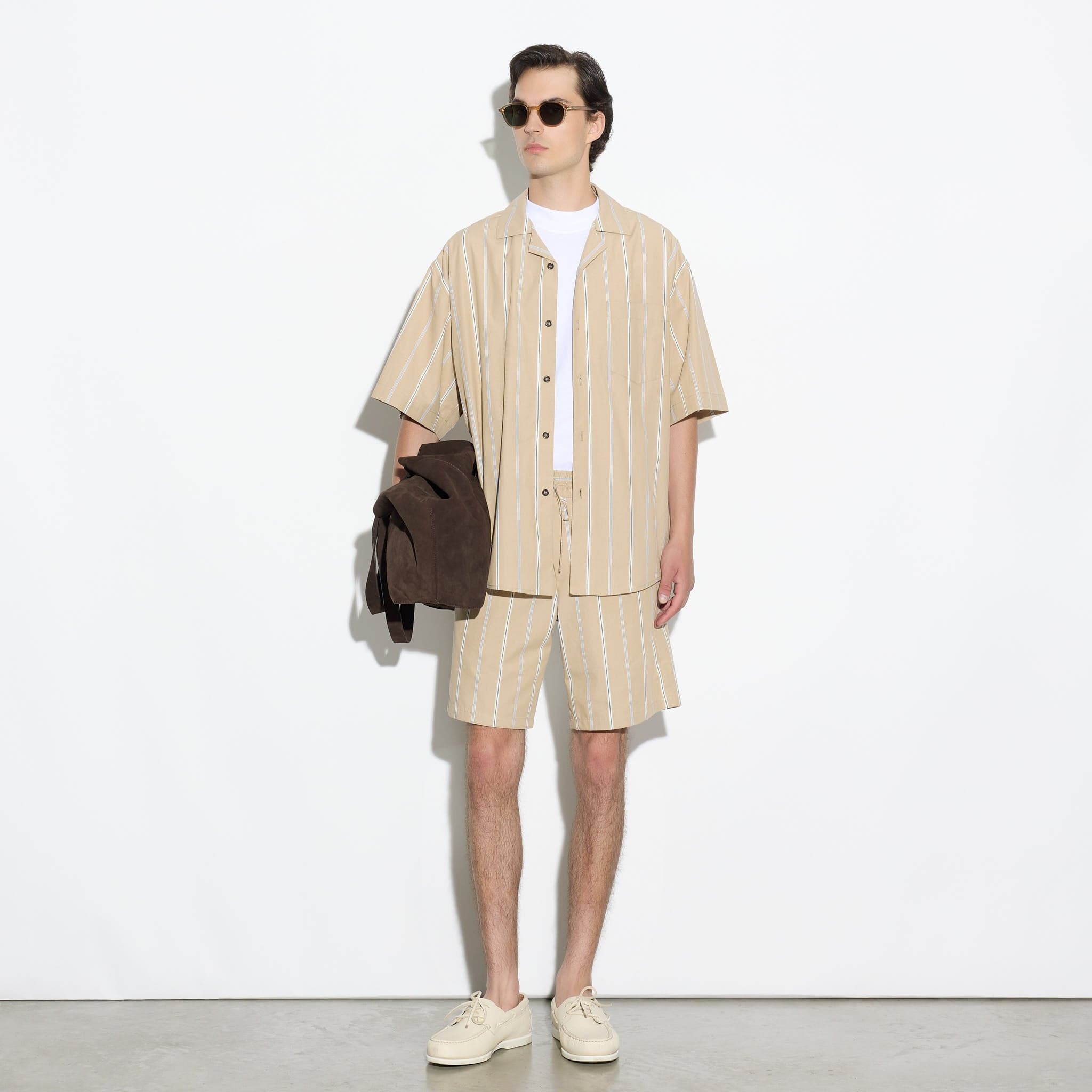 Camicia Over a Maniche Corte in Cotone a Righe Beige e Bianco Camicia Tessuto Paolo Pecora