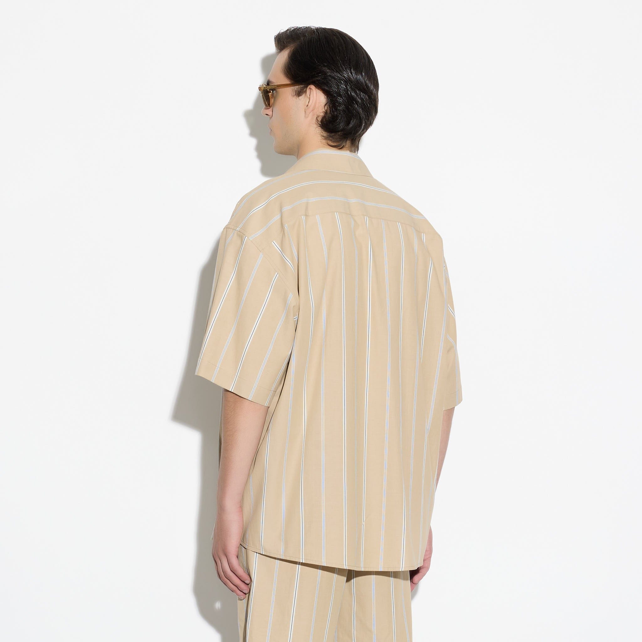 Camicia Over a Maniche Corte in Cotone a Righe Beige e Bianco Camicia Tessuto Paolo Pecora