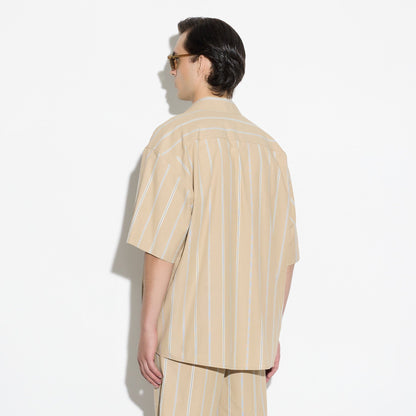 Camicia Over a Maniche Corte in Cotone a Righe Beige e Bianco Camicia Tessuto Paolo Pecora