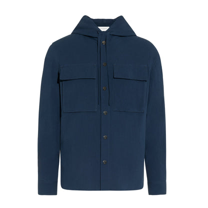 Camicia Over a Maniche Lunghe con Cappuccio in Cotone Blu Camicia Tessuto Paolo Pecora