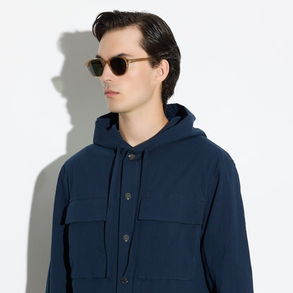 Camicia Over a Maniche Lunghe con Cappuccio in Cotone Blu Camicia Tessuto Paolo Pecora