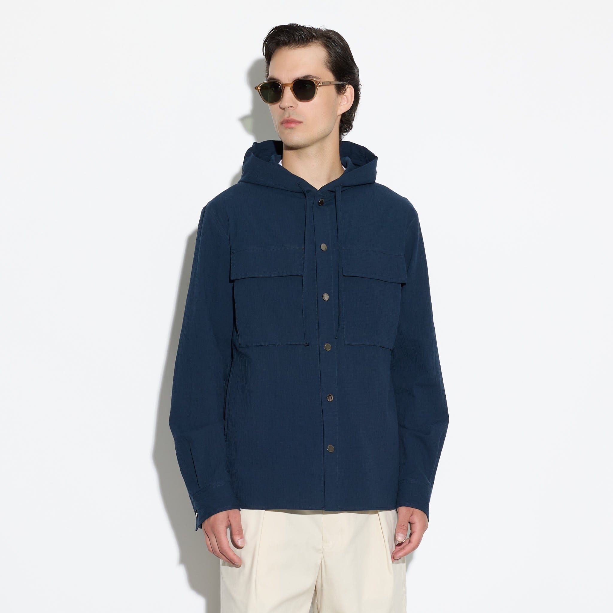 Camicia Over a Maniche Lunghe con Cappuccio in Cotone Blu Camicia Tessuto Paolo Pecora