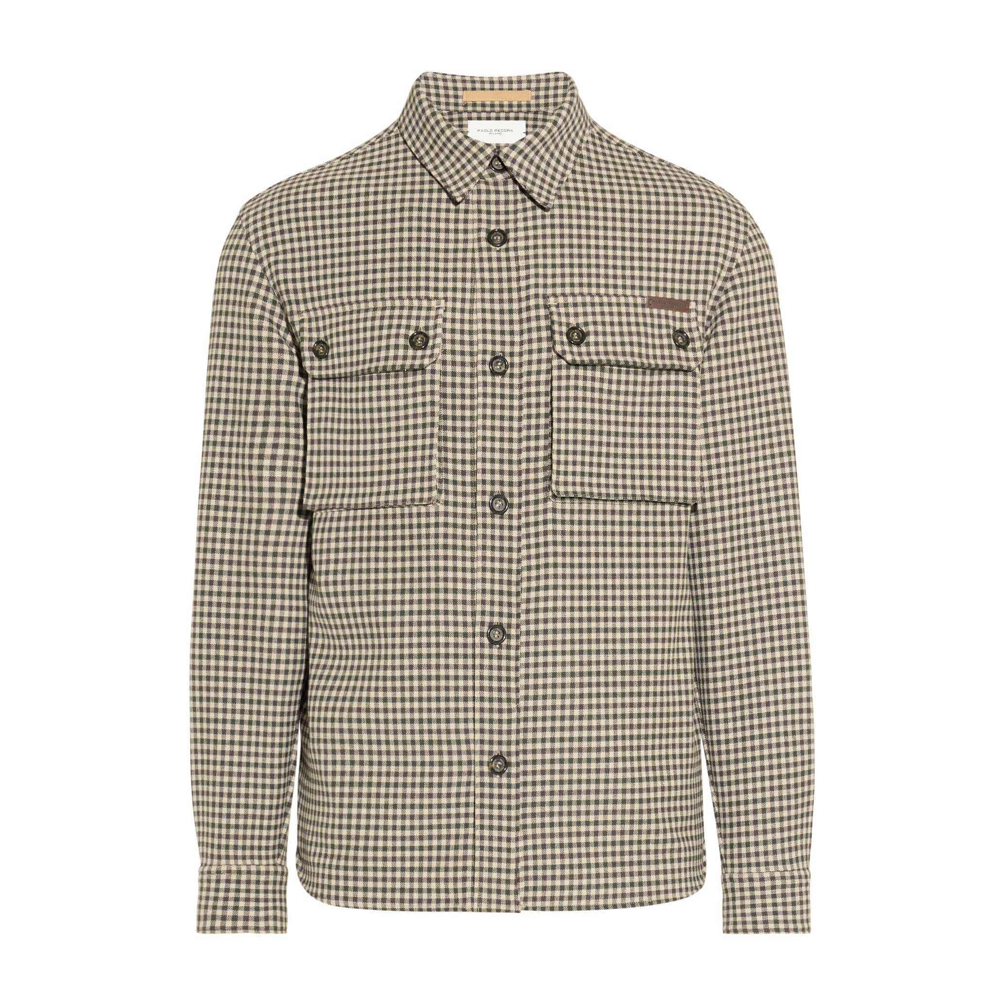 Overshirt in Tecno Lana con Micro-Quadro Cammello Marrone Camicia Tessuto Paolo Pecora