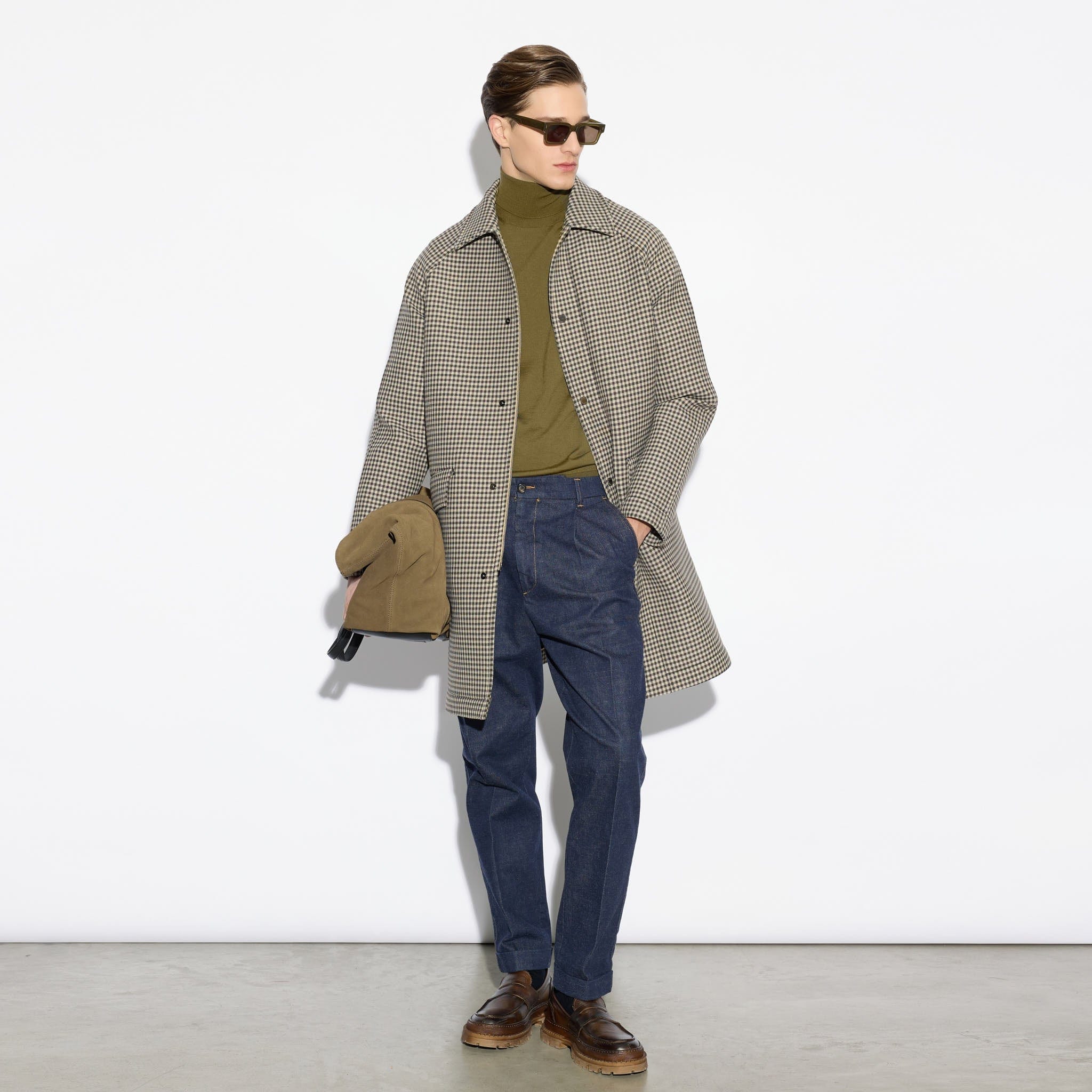 Cappotto Uomo Texture Micro-Quadro Cammello Marrone Cappotto Tessuto Paolo Pecora
