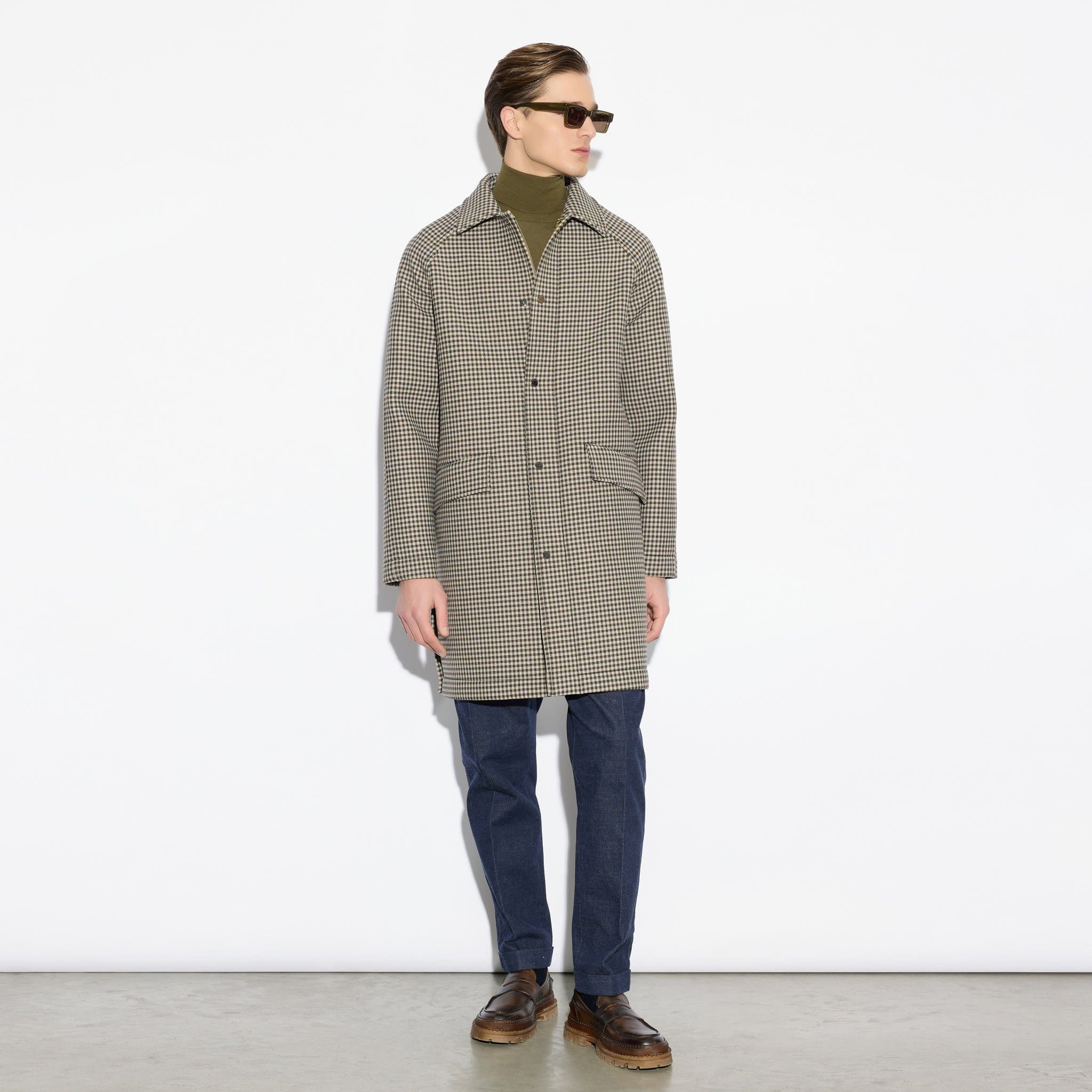 Cappotto Uomo Texture Micro-Quadro Cammello Marrone Cappotto Tessuto Paolo Pecora