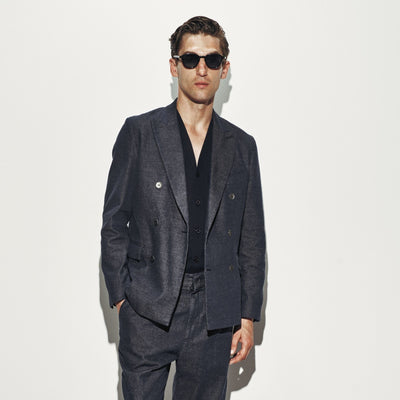 Giacca Doppiopetto in Cotone e Lino Blu Giacca Tessuto Paolo Pecora