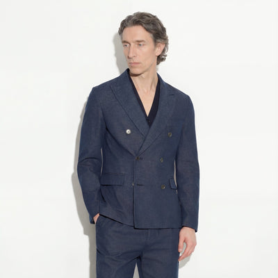 Giacca Doppiopetto in Cotone e Lino Blu Giacca Tessuto Paolo Pecora