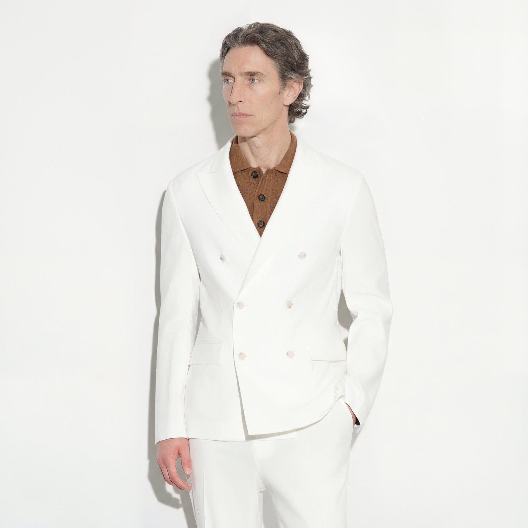 Giacca Doppiopetto in Lino Stretch Panna Giacca Tessuto Paolo Pecora