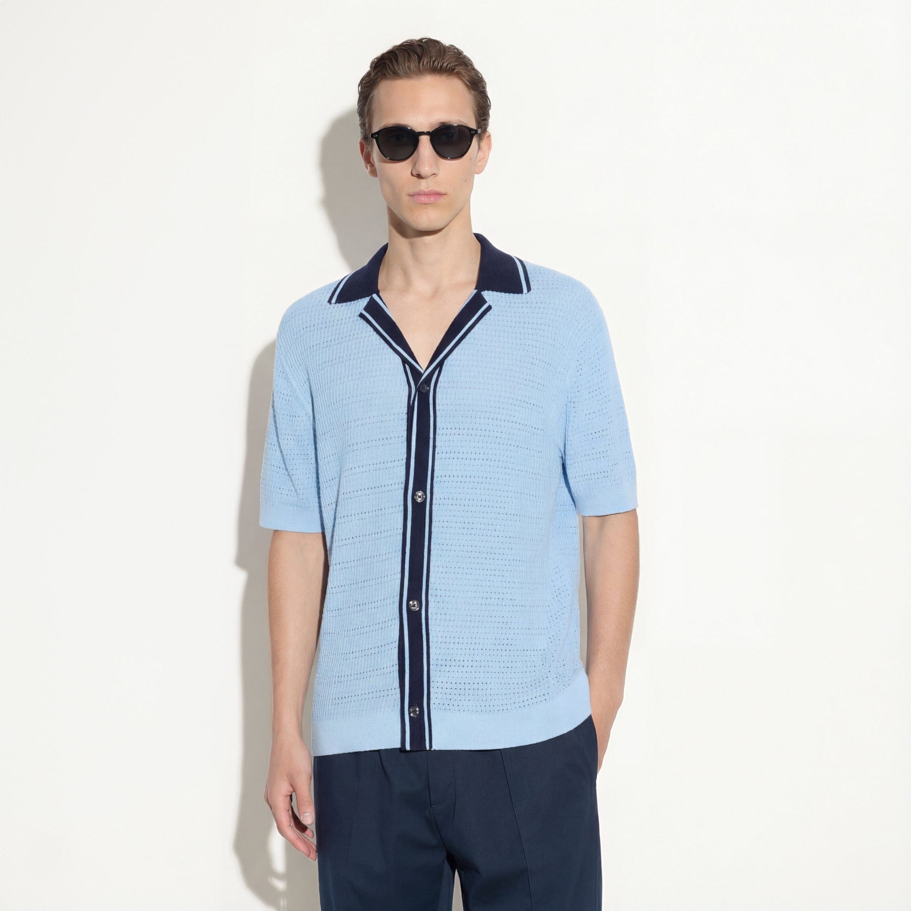 Camicia in Maglia a Punto Diagonale con Dettagli a Contrasto Azzurro Camicia Maglia M / Azzurro Paolo Pecora