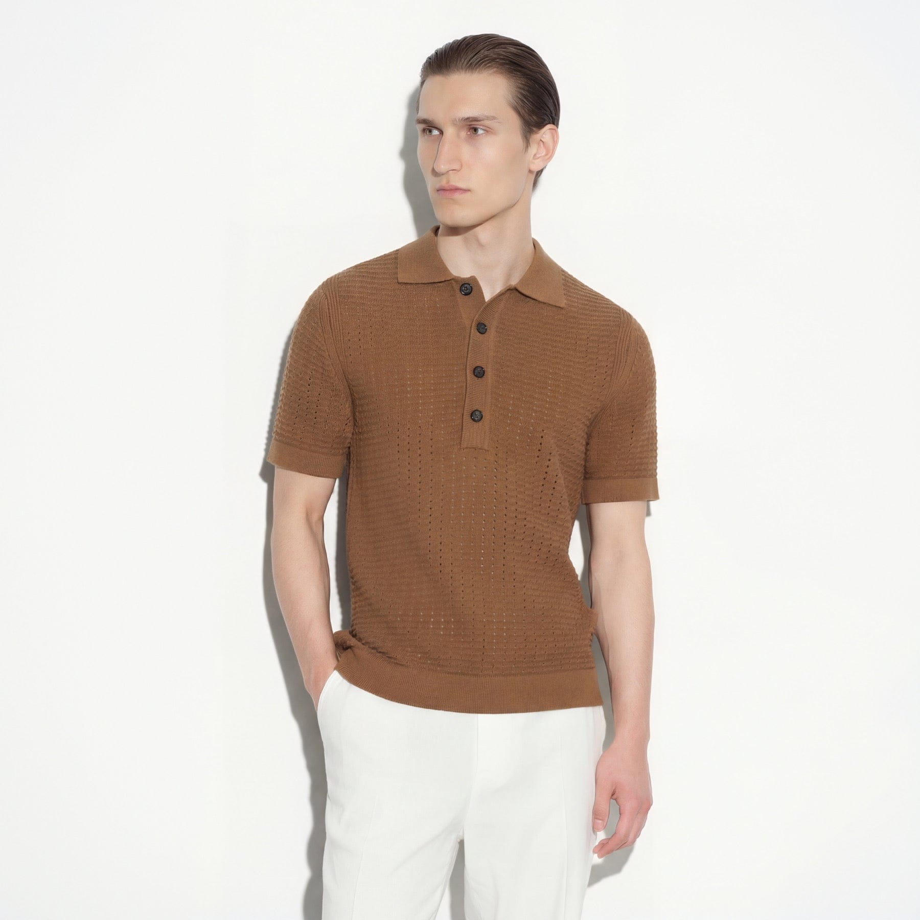 Maglia a Polo in Cotone Traforato Nocciola Maglia A Polo Paolo Pecora