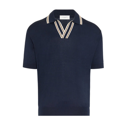 Maglia a Polo in Seta Cotone con Collo a Contrasto Blu Maglia A Polo Paolo Pecora