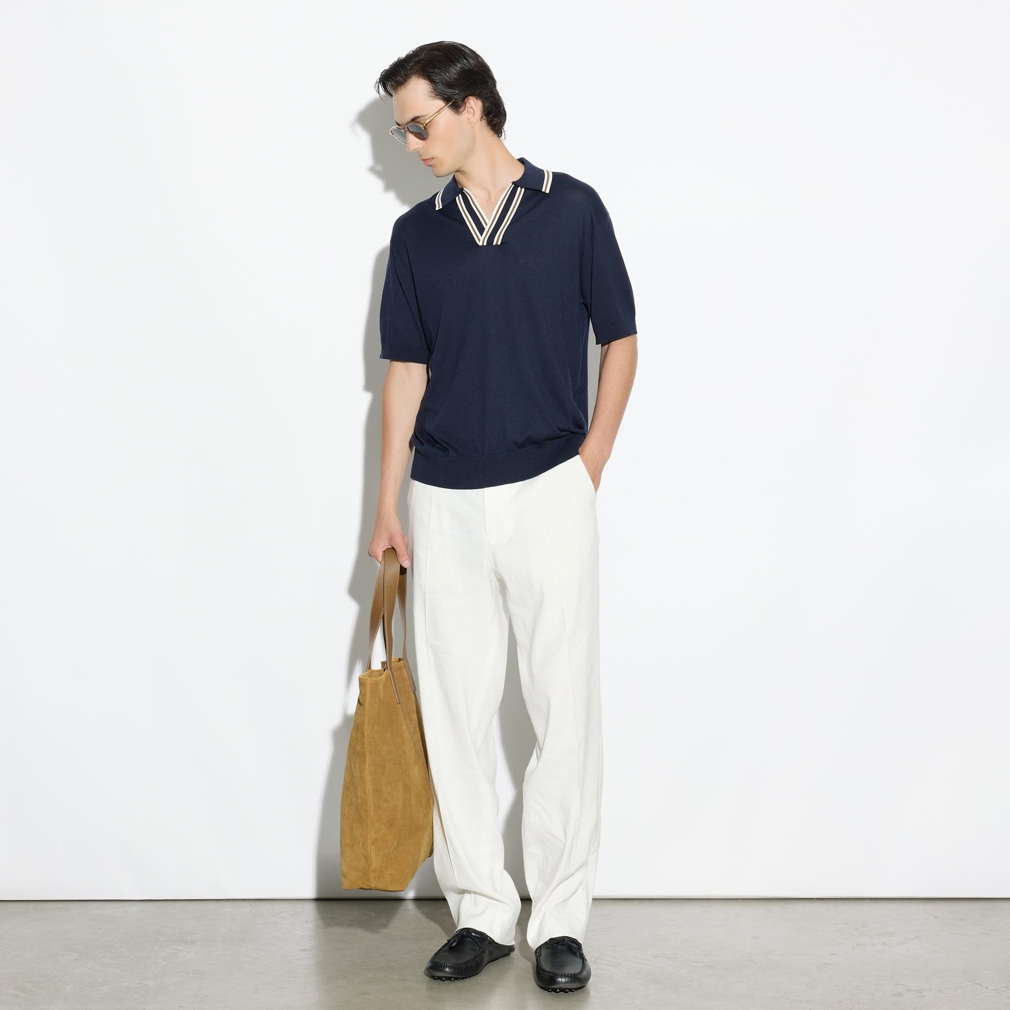 Maglia a Polo in Seta Cotone con Collo a Contrasto Blu Maglia A Polo Paolo Pecora