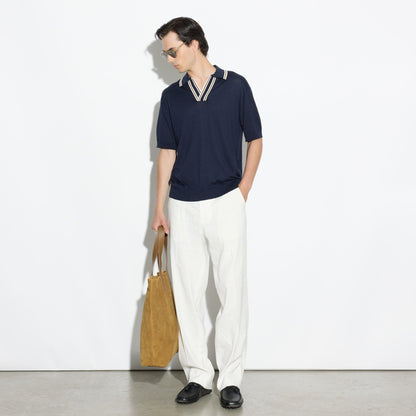 Maglia a Polo in Seta Cotone con Collo a Contrasto Blu Maglia A Polo Paolo Pecora