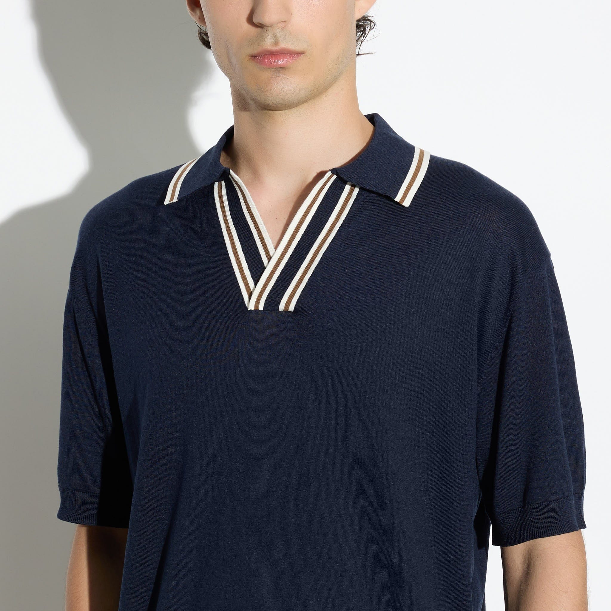 Maglia a Polo in Seta Cotone con Collo a Contrasto Blu Maglia A Polo Paolo Pecora