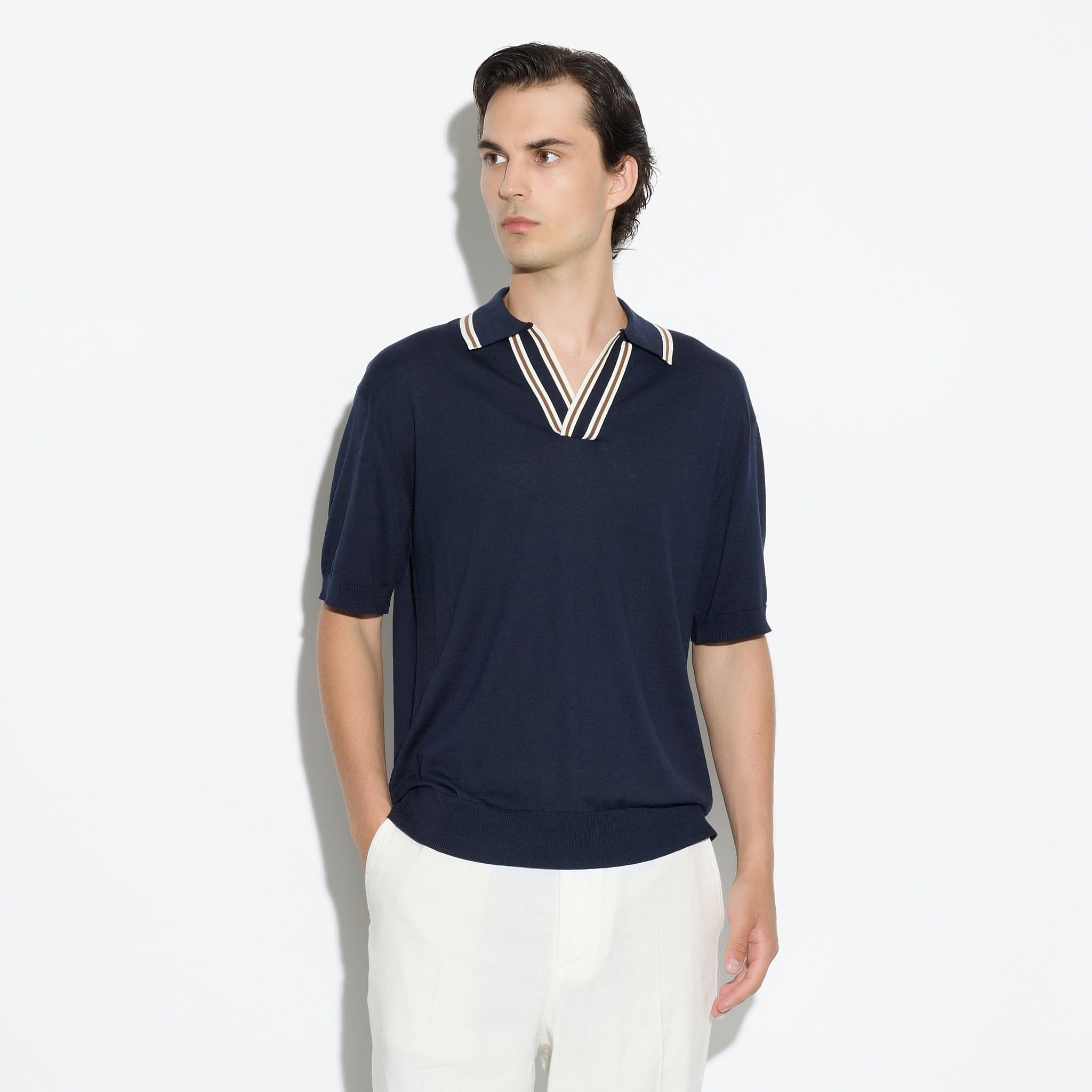 Maglia a Polo in Seta Cotone con Collo a Contrasto Blu Maglia A Polo Paolo Pecora