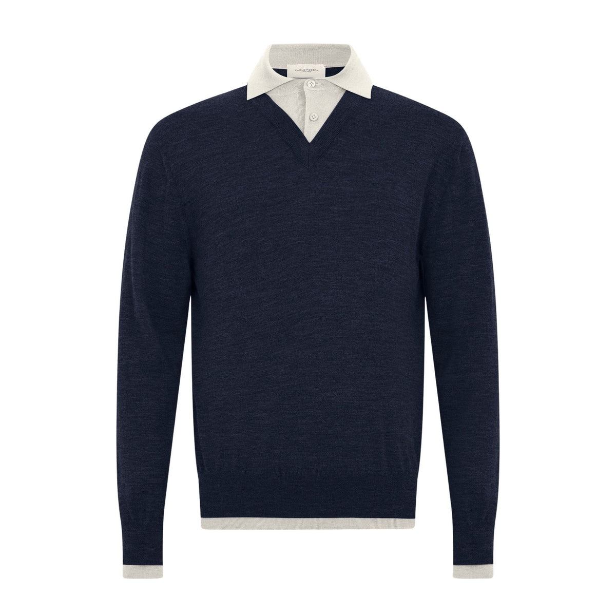 Maglia a Polo Loose Fit in Lana Merino Extrafine Blu e Latte Maglia A Polo Paolo Pecora