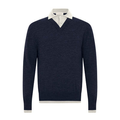 Maglia a Polo Loose Fit in Lana Merino Extrafine Blu e Latte Maglia A Polo Paolo Pecora