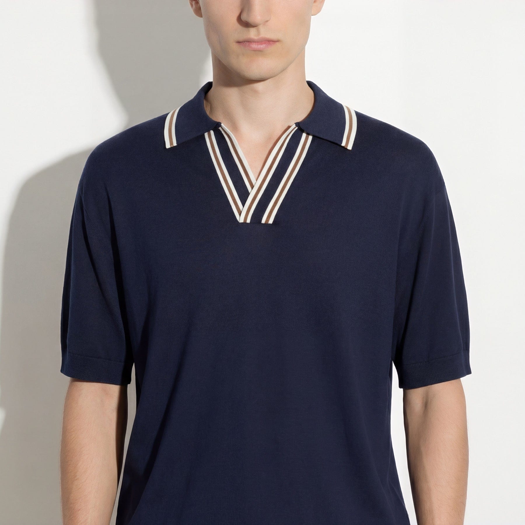 Maglia a Polo Loose Fit in Seta Cotone con Collo a Contrasto Blu Maglia A Polo Paolo Pecora