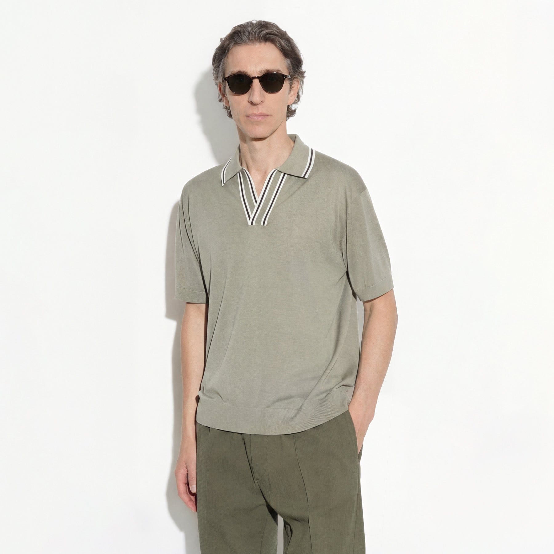 Maglia a Polo Loose Fit in Seta Cotone con Collo a Contrasto Militare Maglia A Polo Paolo Pecora