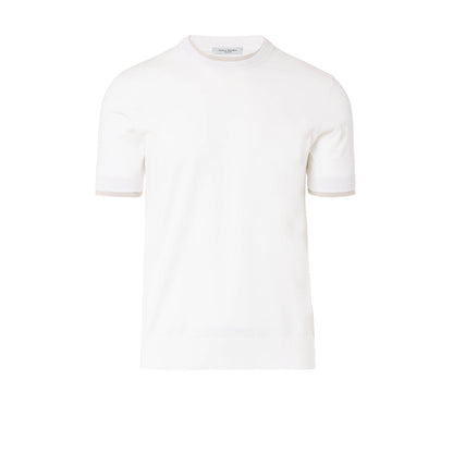 Maglia Girocollo in Cotone Extrafine - Bianco Latte con Dettagli Sabbia Paolo Pecora