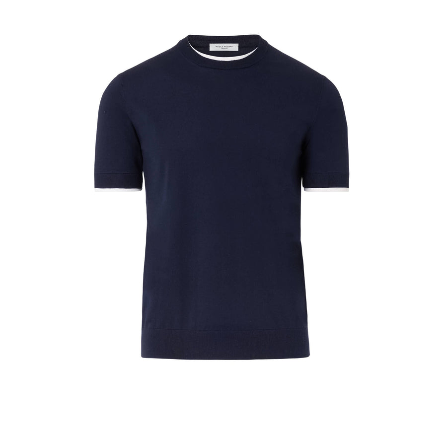 Paolo Pecora Maglia Girocollo in Puro Cotone Extrafine - Blu Navy con Dettagli Bianchi