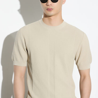 Maglia Girocollo a Maniche Corte in Cotone Lavorato Beige Maglia Girocollo Paolo Pecora