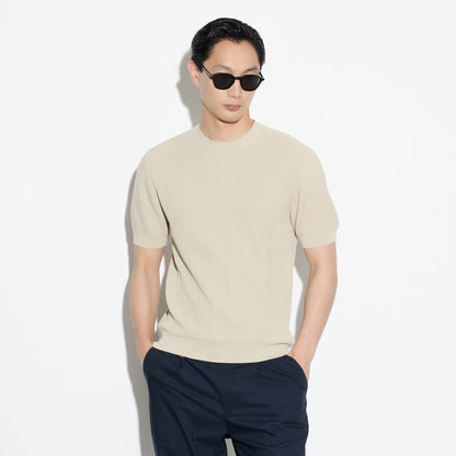 Maglia Girocollo a Maniche Corte in Cotone Lavorato Beige Maglia Girocollo Paolo Pecora