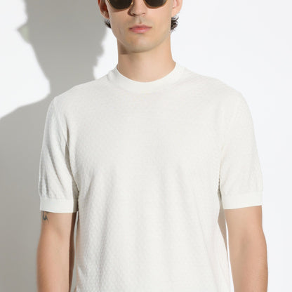 Maglia Girocollo a Maniche Corte in Cotone Lavorato Panna Maglia Girocollo Paolo Pecora