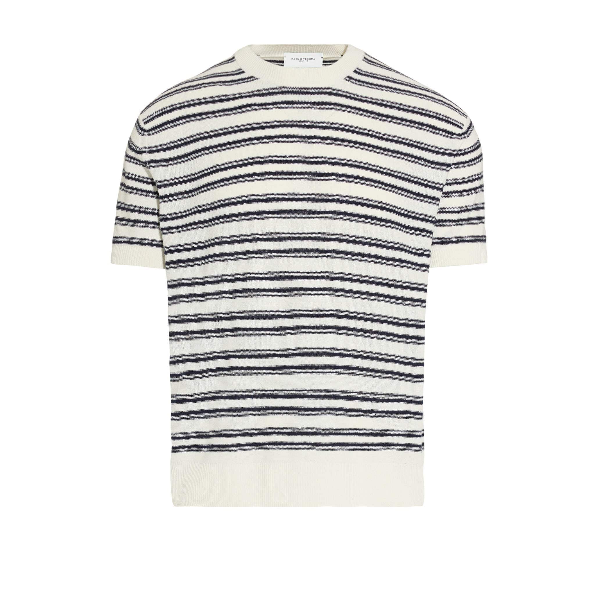 Maglia Girocollo a Maniche Corte in Seta a Righe Panna Maglia Girocollo Paolo Pecora