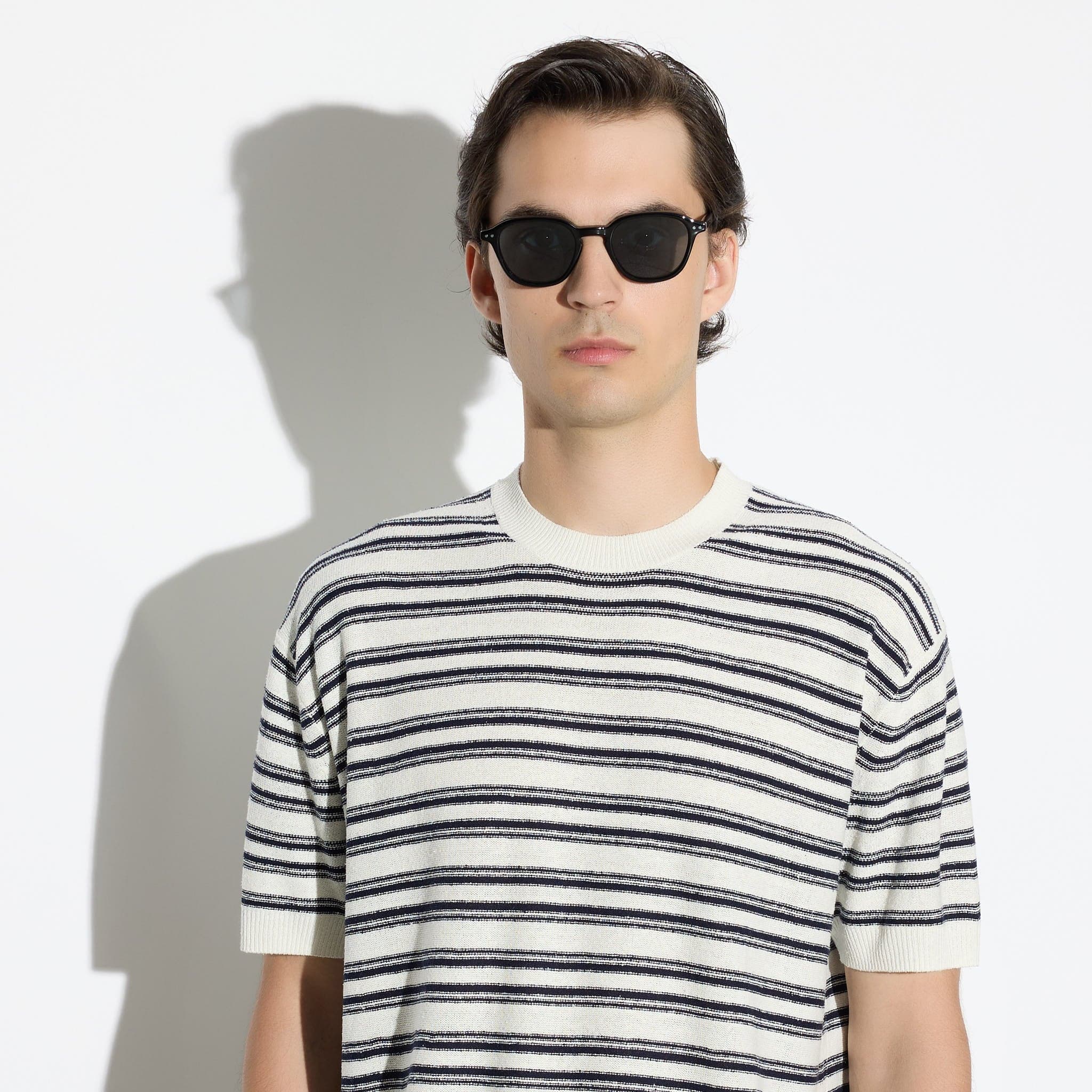 Maglia Girocollo a Maniche Corte in Seta a Righe Panna Maglia Girocollo Paolo Pecora