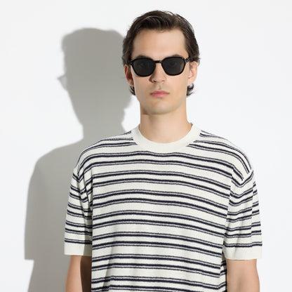 Maglia Girocollo a Maniche Corte in Seta a Righe Panna Maglia Girocollo Paolo Pecora