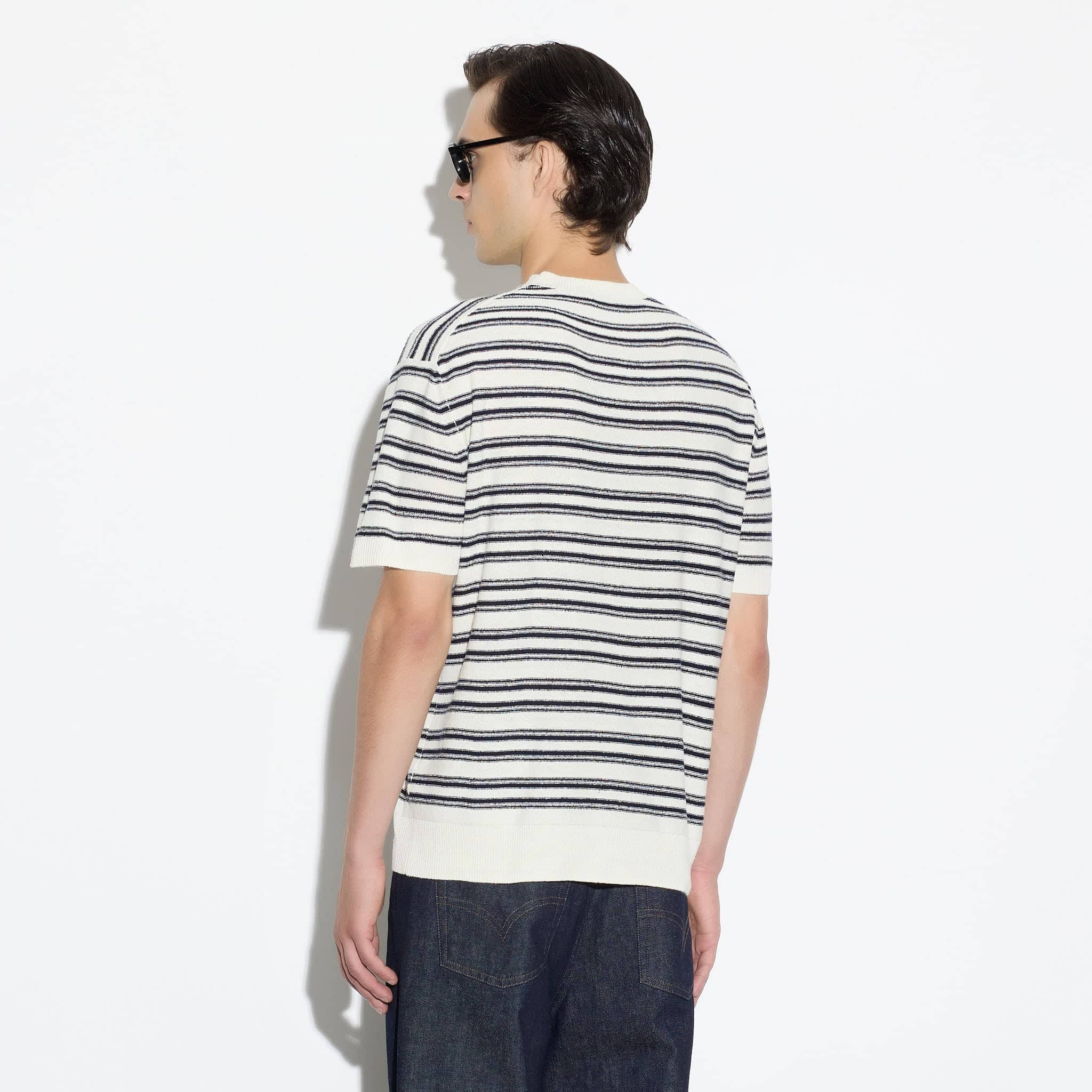 Maglia Girocollo a Maniche Corte in Seta a Righe Panna Maglia Girocollo Paolo Pecora