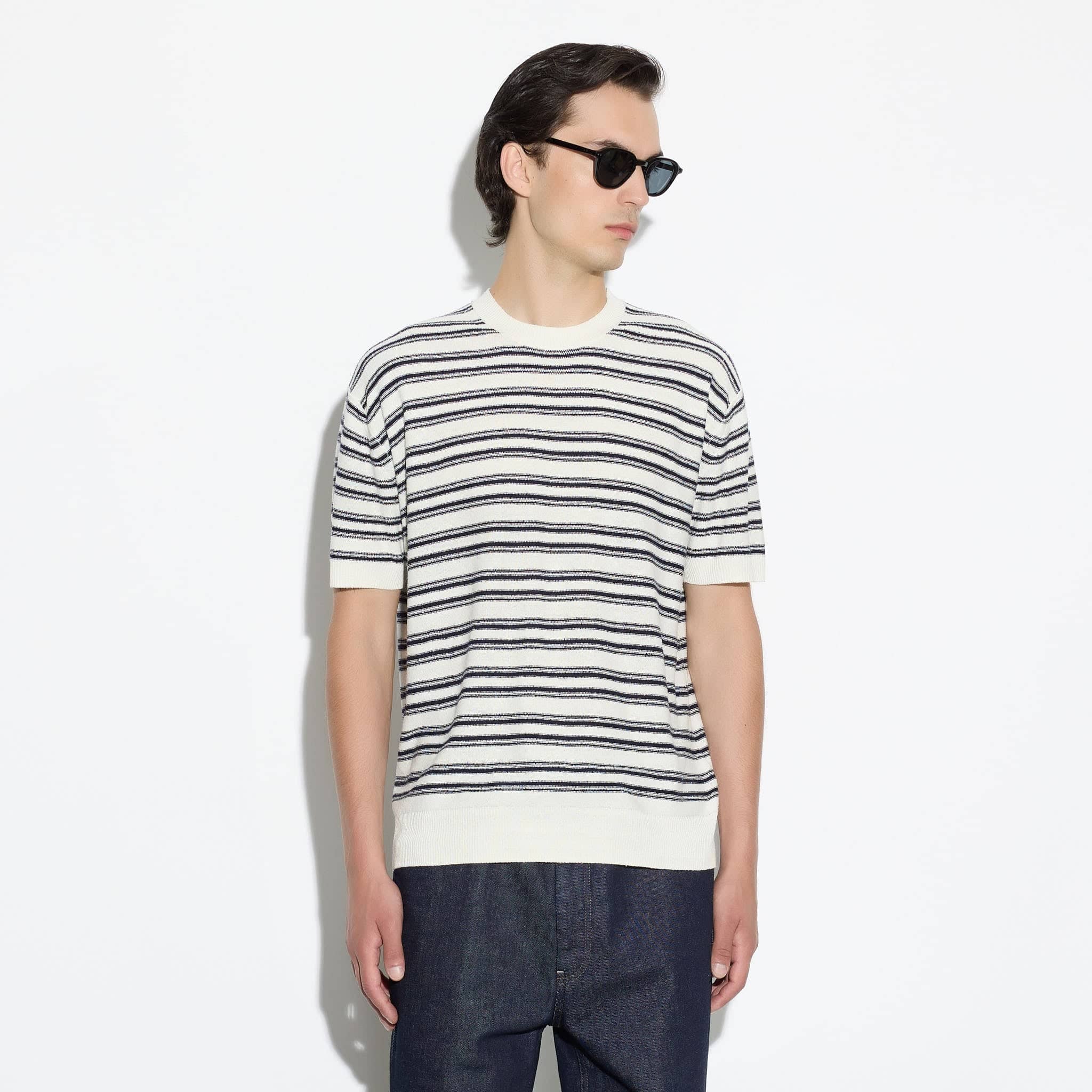 Maglia Girocollo a Maniche Corte in Seta a Righe Panna Maglia Girocollo Paolo Pecora