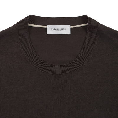 Maglia Girocollo a Maniche Corte in Seta Cotone Marrone Scuro Maglia Girocollo Paolo Pecora