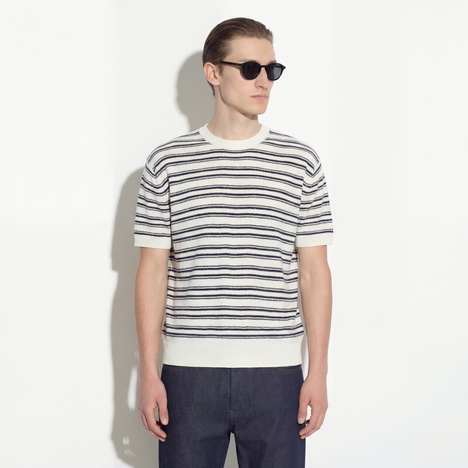 Maglia Girocollo in Seta a Righe Panna Maglia Girocollo Paolo Pecora