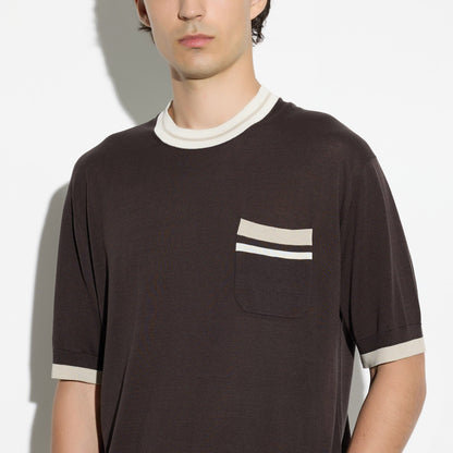 Maglia Girocollo in Seta Cotone con Profili a Contrasto Marrone Scuro Maglia Girocollo Paolo Pecora
