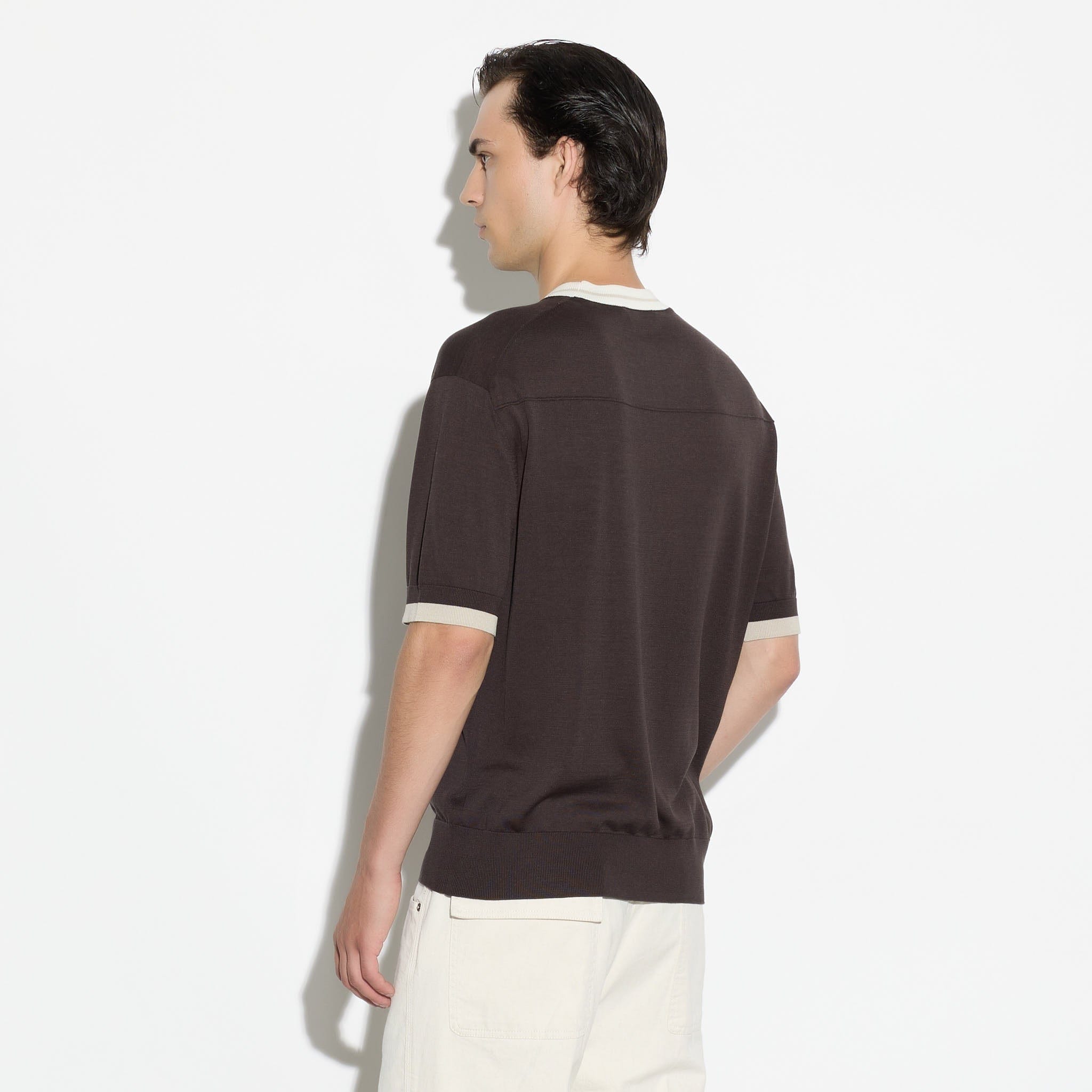 Maglia Girocollo in Seta Cotone con Profili a Contrasto Marrone Scuro Maglia Girocollo Paolo Pecora