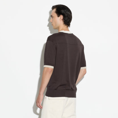 Maglia Girocollo in Seta Cotone con Profili a Contrasto Marrone Scuro Maglia Girocollo Paolo Pecora