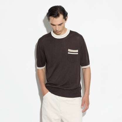 Maglia Girocollo in Seta Cotone con Profili a Contrasto Marrone Scuro Maglia Girocollo Paolo Pecora