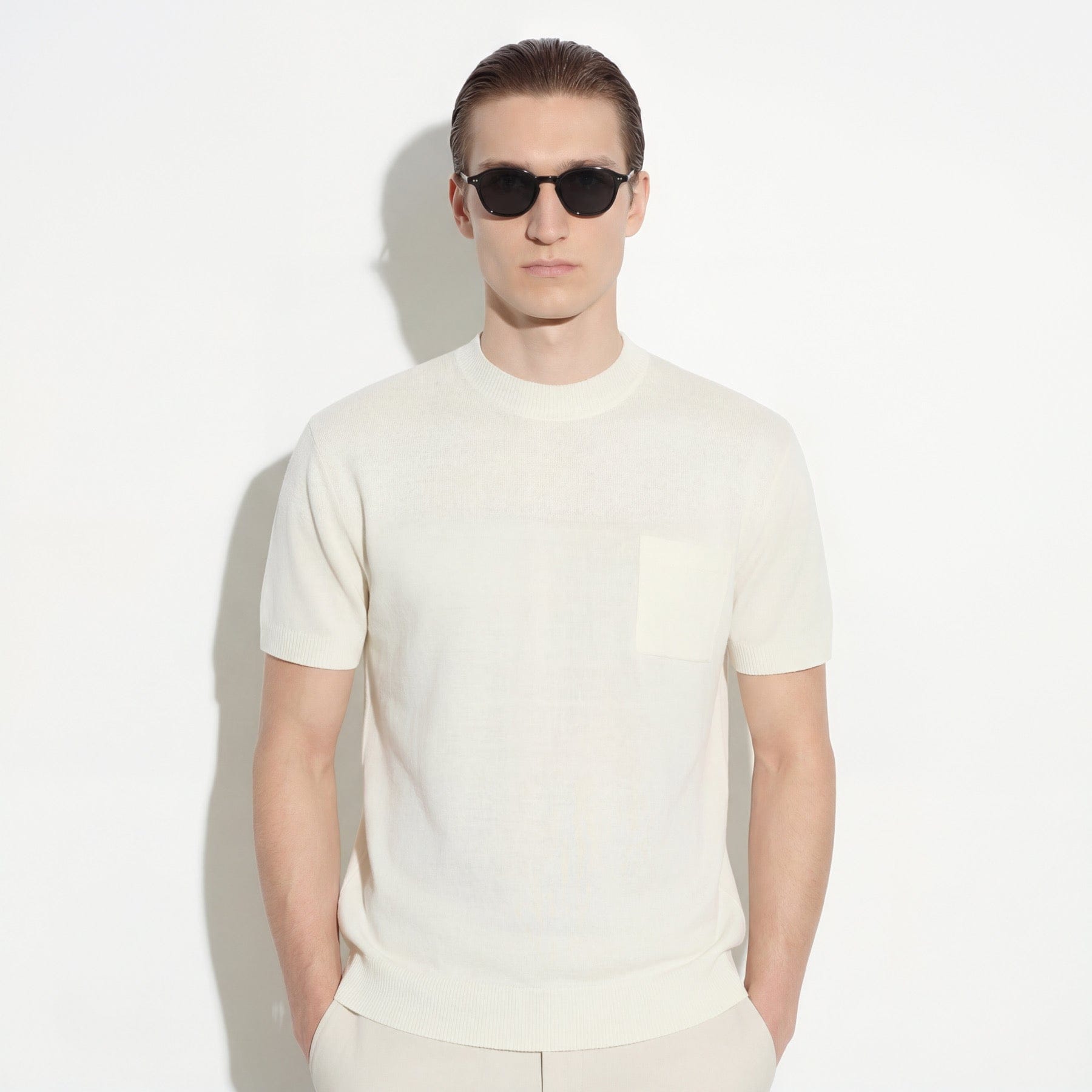 Maglia Girocollo Loose Fit con Tasca in Seta Panna Maglia Girocollo Paolo Pecora