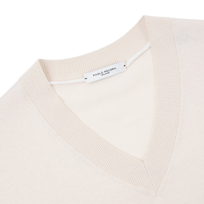 Maglia Pullover V-Neck in Seta Cotone Extrafine Beige Maglia Pullover Paolo Pecora