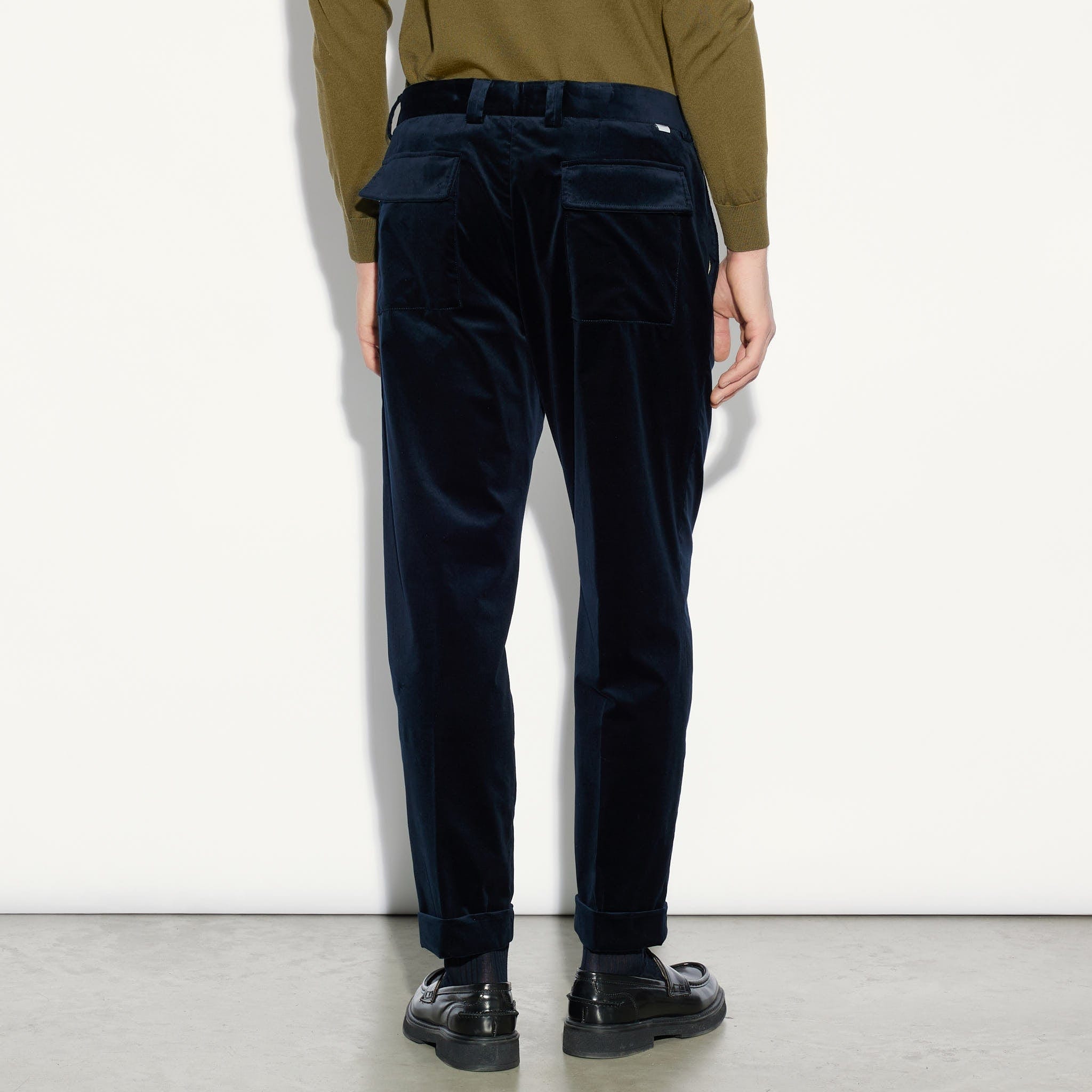 Chino in Velluto Liscio Blu Pantalone Tessuto Paolo Pecora