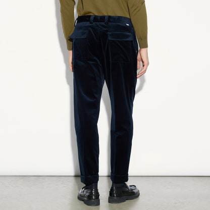 Chino in Velluto Liscio Blu Pantalone Tessuto Paolo Pecora