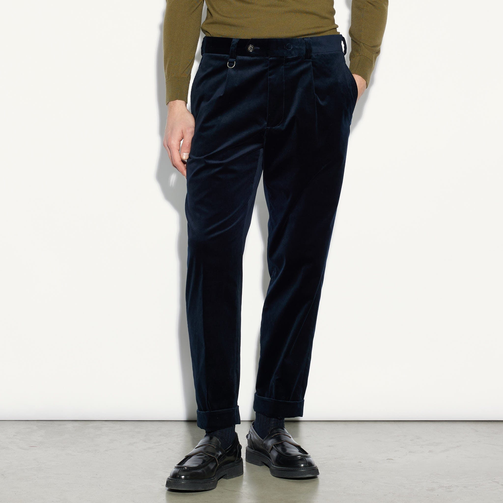 Chino in Velluto Liscio Blu Pantalone Tessuto Paolo Pecora