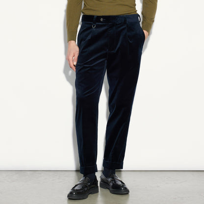 Chino in Velluto Liscio Blu Pantalone Tessuto Paolo Pecora