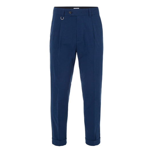 Chino Sartoriale con Pinces "Duomo" in Cotone Blu Melange Pantalone Tessuto Paolo Pecora