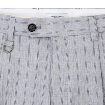 Chino Sartoriale con Pinces "Duomo" in Cotone Rigato Beige Azzurro Pantalone Tessuto Paolo Pecora